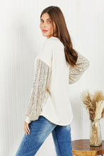 Load image into Gallery viewer, HOPELY Full Size Sequin Puff Sleeve Curved Hem Top in Cream/Taupe