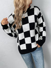 Load image into Gallery viewer, Checkered Dropped Shoulder Round Neck Sweater