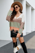 Load image into Gallery viewer, Striped Fringe Trim V-Neck Sweater