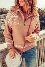 Load image into Gallery viewer, Geometric Ribbed Trim Quarter Zip Sweater