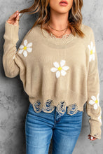 Load image into Gallery viewer, Floral Ribbed Trim Distressed Sweater