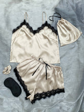 Load image into Gallery viewer, Lace Trim Cami, Shorts, Eye Mask, Scrunchie, and Bag Pajama Set