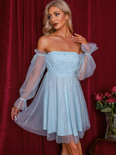 Load image into Gallery viewer, Glitter Off-Shoulder Mesh Flounce Sleeve A-Line Dress