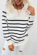 Load image into Gallery viewer, Striped Heart-Shaped Button Round Neck Sweater