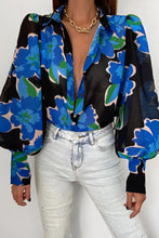 Load image into Gallery viewer, Flower Print Collared Neck Lantern Sleeve Shirt