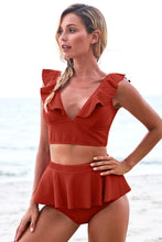 Load image into Gallery viewer, Ruffle Trim Deep V Cropped Tankini Set