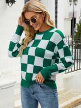 Load image into Gallery viewer, Checkered Dropped Shoulder Round Neck Sweater