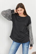 Load image into Gallery viewer, HOPELY Full Size Sequin Puff Sleeve Curved Hem Top in Charcoal