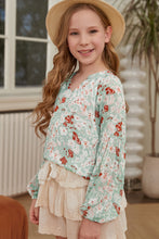 Load image into Gallery viewer, Girls Printed Notched Neck Puff Sleeve Blouse