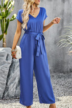 Load image into Gallery viewer, Tie Belt V-Neck Short Sleeve Jumpsuit