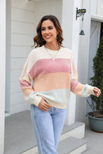 Load image into Gallery viewer, Waffle-Knit Round Neck Dropped Shoulder Color Block Sweater