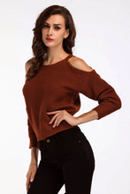 Load image into Gallery viewer, Double Take Round Neck Cold-Shoulder Ribbed Sweater