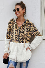 Load image into Gallery viewer, Spliced Leopard Drawstring Zip-Up Teddy Hoodie