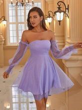 Load image into Gallery viewer, Glitter Off-Shoulder Mesh Flounce Sleeve A-Line Dress