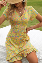 Load image into Gallery viewer, Floral Short Sleeve Surplice Neck Ruffled Dress