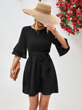 Load image into Gallery viewer, Round Neck Tie Belt Flounce Sleeve Dress