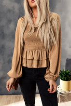 Load image into Gallery viewer, Printed Smocked Balloon Sleeve Peplum Blouse