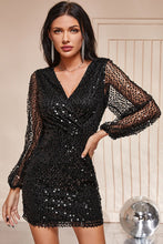 Load image into Gallery viewer, Sequined Mesh Sleeve Mini Wrap Dress