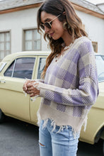Load image into Gallery viewer, Plaid Frayed Trim V-Neck Sweater