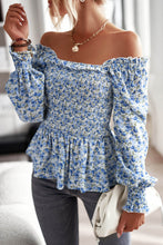 Load image into Gallery viewer, Floral Frill Trim Smocked Flounce Sleeve Peplum Blouse