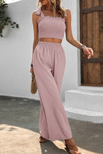 Load image into Gallery viewer, Tie Shoulder Smocked Crop Top and Wide Leg Pants Set