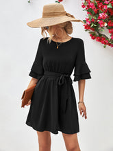 Load image into Gallery viewer, Round Neck Tie Belt Flounce Sleeve Dress
