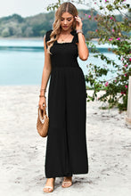 Load image into Gallery viewer, Frill Trim Tie Shoulder Wide Leg Jumpsuit with Pockets