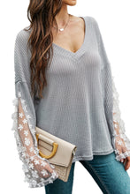 Load image into Gallery viewer, 3D Floral Applique Mesh Sleeve Waffle Top