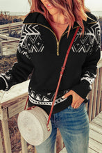 Load image into Gallery viewer, Geometric Ribbed Trim Quarter Zip Sweater