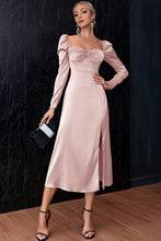 Load image into Gallery viewer, Ruched Puff Sleeve Split Satin Dress