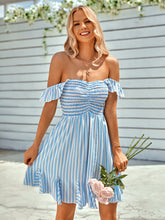 Load image into Gallery viewer, Striped Smocked Ruffle-Shoulder Sleeveless Dress