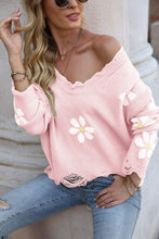 Load image into Gallery viewer, Flower Distressed Ribbed Trim Sweater