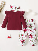 Load image into Gallery viewer, Girls Ribbed Top and Floral Bow Detail Pants Set
