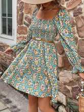 Load image into Gallery viewer, Blue Skies Floral Detail Smocked Neck Flounce Sleeves Mid Dress