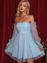 Load image into Gallery viewer, Glitter Off-Shoulder Mesh Flounce Sleeve A-Line Dress