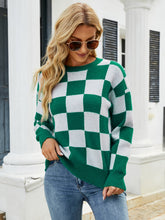 Load image into Gallery viewer, Checkered Dropped Shoulder Round Neck Sweater