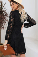 Load image into Gallery viewer, Pompom Trim Puff Sleeve Belted Lace Dress