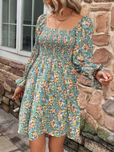 Load image into Gallery viewer, Blue Skies Floral Detail Smocked Neck Flounce Sleeves Mid Dress
