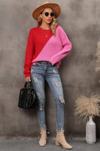 Load image into Gallery viewer, Two-Tone Round Neck Dropped Shoulder Sweater