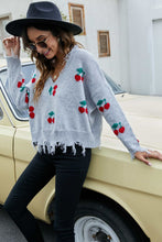 Load image into Gallery viewer, Cherry Pattern Frayed Trim V-Neck Sweater