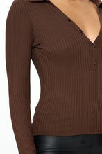 Load image into Gallery viewer, Chocolate USA Half Button Down Ribbed Collared Neck Knit Top