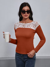 Load image into Gallery viewer, Lace Trim Long Sleeve Round Neck Tee
