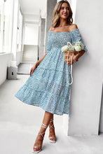 Load image into Gallery viewer, Ditsy Floral Off-Shoulder Smocked Midi Dress