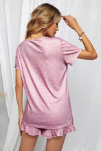 Load image into Gallery viewer, Polka Dot V-Neck Top and Ruffled Shorts Lounge Set
