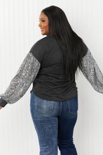 Load image into Gallery viewer, HOPELY Full Size Sequin Puff Sleeve Curved Hem Top in Charcoal