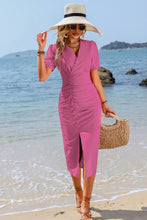 Load image into Gallery viewer, Surplice Neck Ruched Puff Sleeve Dress