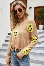 Load image into Gallery viewer, Smiley Face Distressed Round Neck Sweater