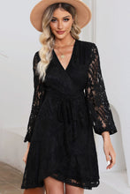 Load image into Gallery viewer, Pompom Trim Puff Sleeve Belted Lace Dress
