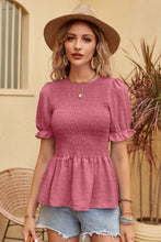 Load image into Gallery viewer, Swiss Dot Smocked Peplum Blouse