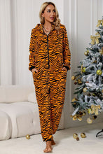 Load image into Gallery viewer, Animal Print Zip-Up Hooded Flannel Jumpsuit with Pockets